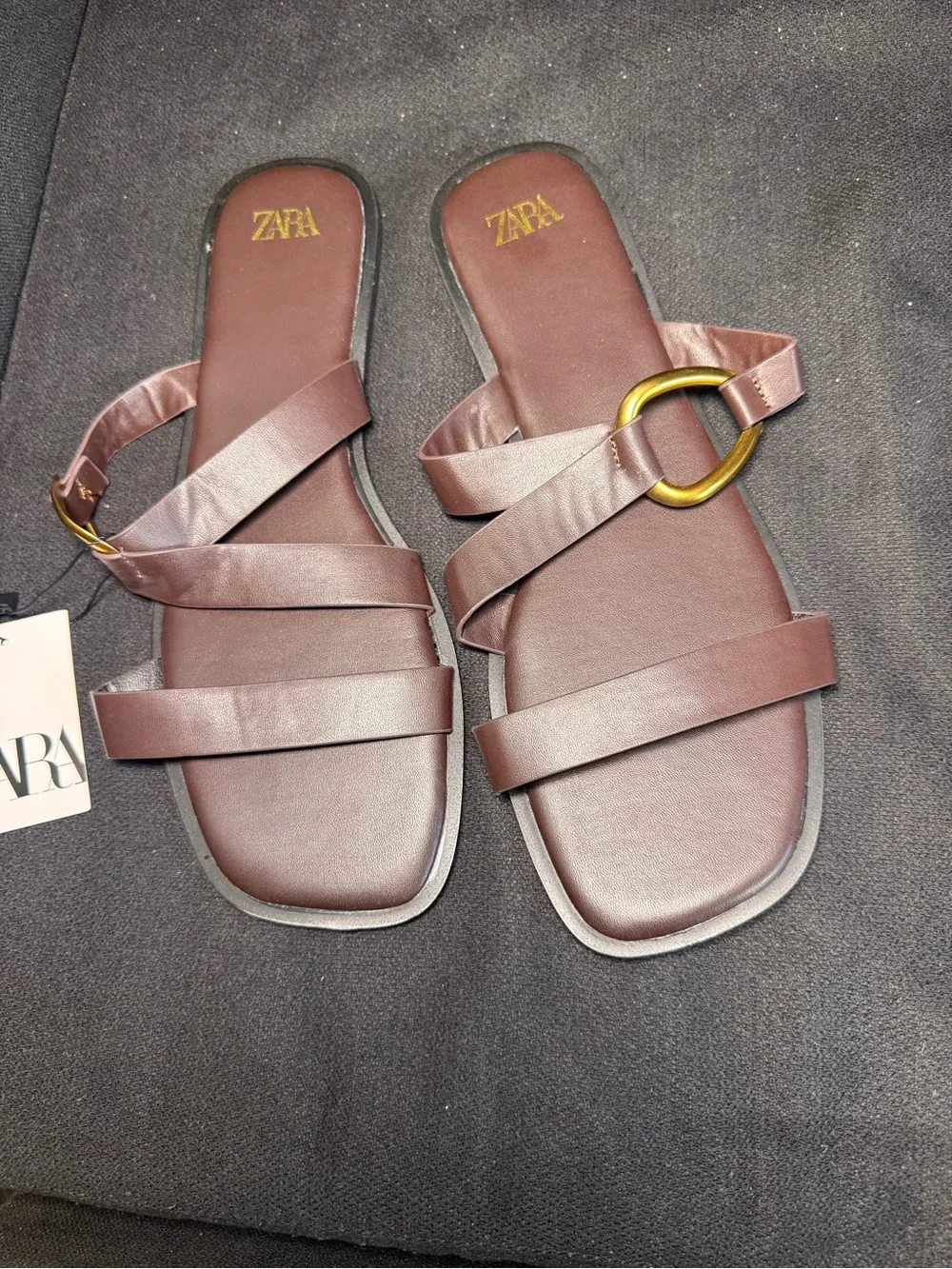 Zara Brown Leather-Look Slide Sandals with Gold Ring